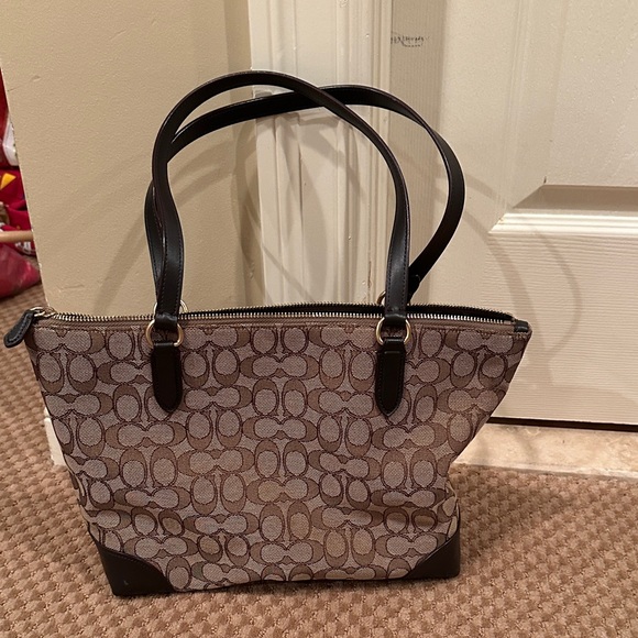 Coach Brown Signature Canvas Tote with Dark Brown Trim - Picture 2 of 7